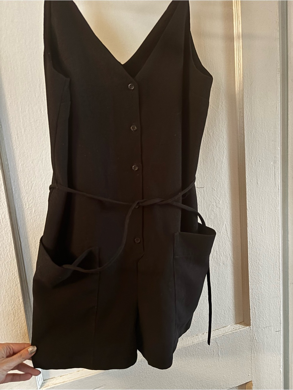 Topshop Black Sleeveless Button Romper with Tie Waist